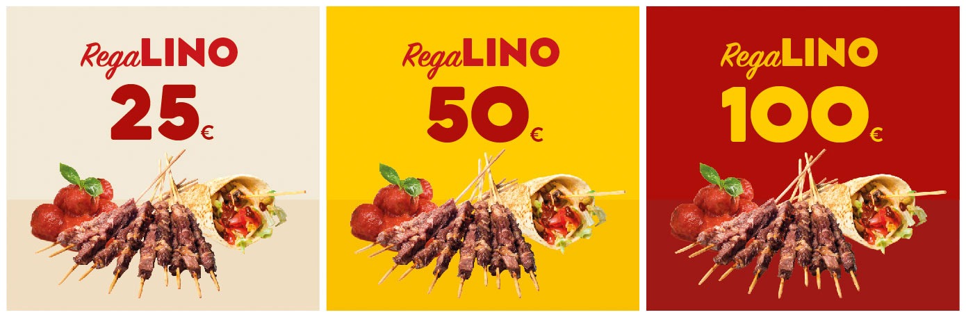 Le carte regalo di Lino, le RegaLino: sono gift cards digitali da 25 50 e 100 euro spendibili tutti ristoranti Linopassamilvino, i ristoranti dell'arrosticino a Torino. Durano 6 mesi