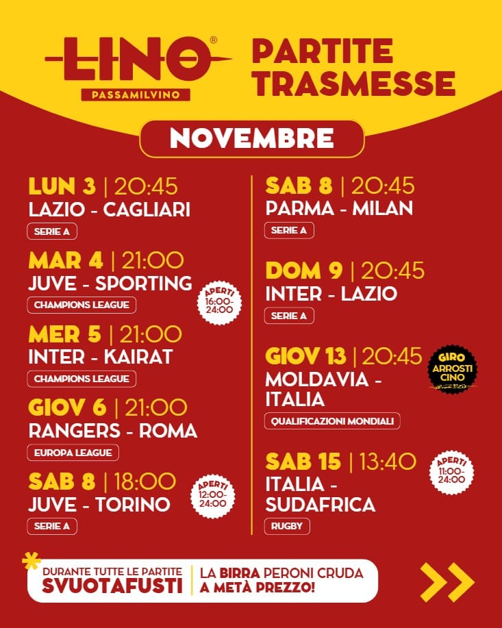 calendario-partite-NOVEMBRE-1di2-svuotafusti-giro-arrosticino-al-ristorante-linopassamilvino-di-torino il calendario delle partite trasmesse dal ristorante Linopassamilvino di Torino, per le quali è attivo lo SvuotaFusti con il 50% di sconto sulla birra Peroni Cruda, a metà prezzo. E 2 partite al mese con il Giro Arrosticino, menu con arrosticini a volontà con numero chiuso.