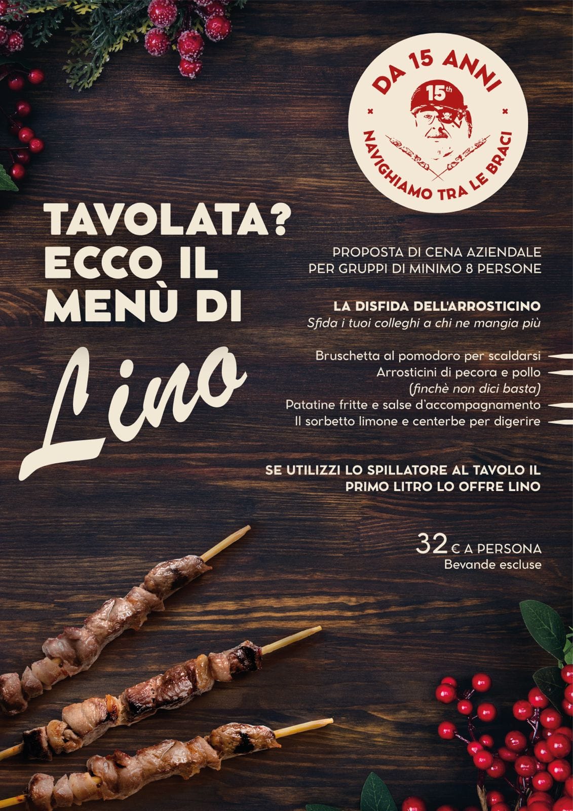 idea originale per la tua cena aziendale di Natale a Torino : da Lino, con menu con all you can eat di arrosticini,  1 litro di birra gratis con il tavolo spillatore di birra cruda