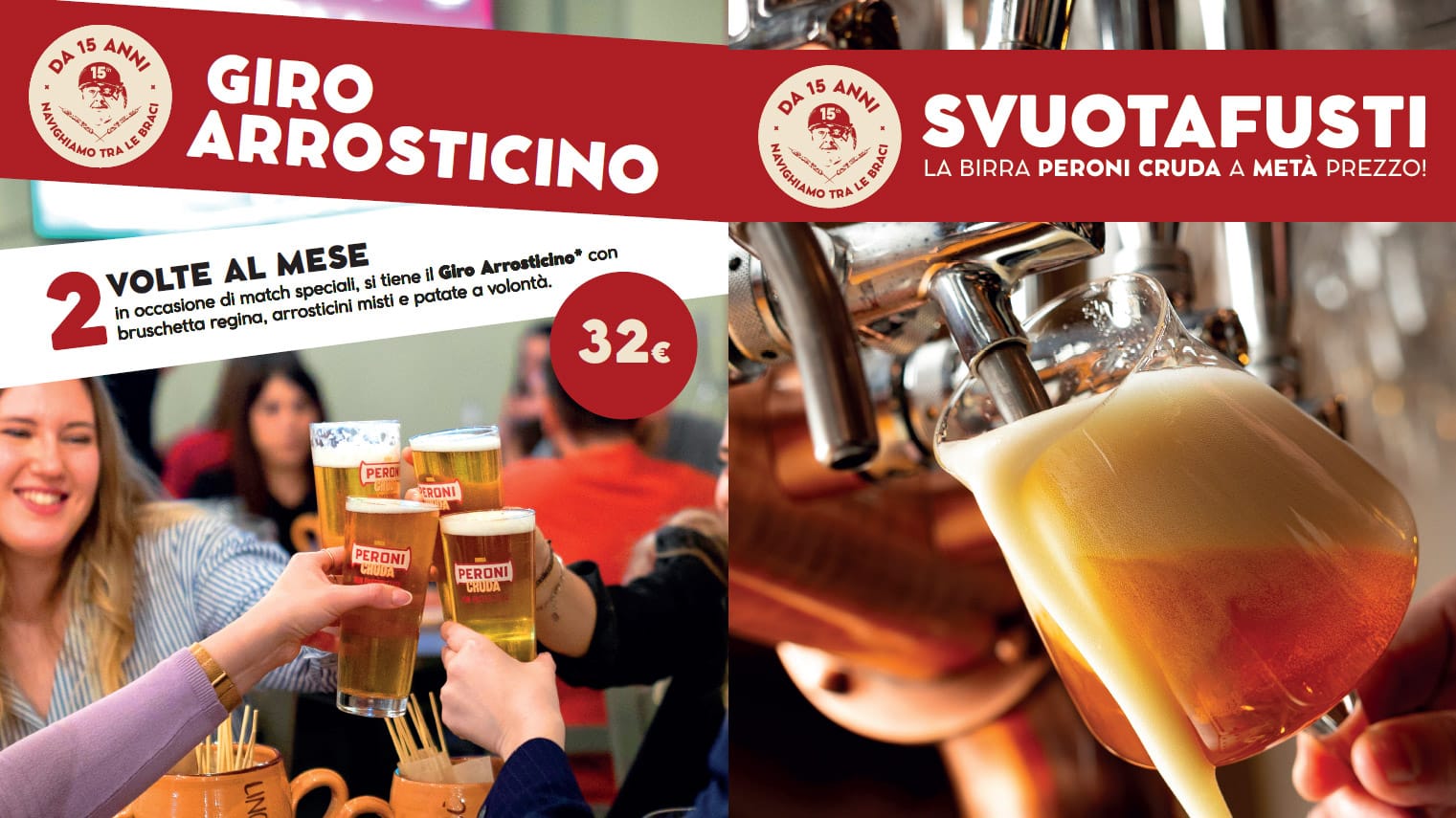 giro-arrosticino-svuotafusti-birra-meta-prezzo-partite-da-lino-torino Giro arrosticino è un menu con arrosticini a volontà, attivabile dalle prime 50 persone in tavoli completi durante 2 partite ogni mese. SvuotaFusti è attiva durante tutte le partite e offre uno sconto 50% sulla birra Peroni Cruda, quindi a metà prezzo, senza limiti. Richiedibile il tavolo con spillatore di birra con contalitri integrato.