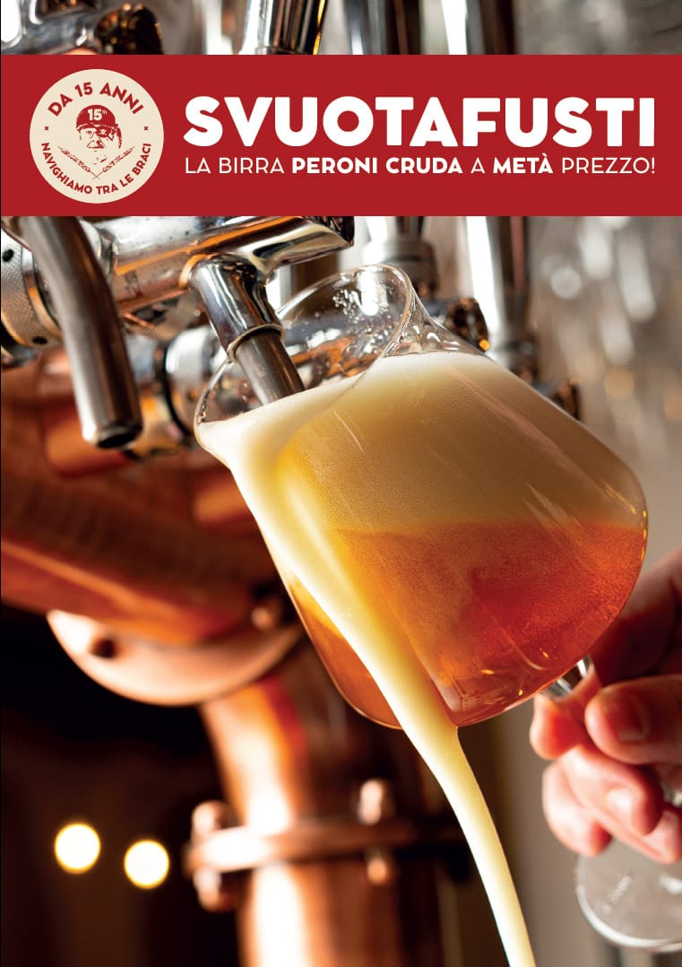 svuotafusti-birra-peroni-cruda-meta-prezzo-durante-le-partite-ristorante-linopassamilvino-torino SvuotaFusti è una promozione attiva durante tutte le partite trasmesse al ristorante Linopassamilvino di Torino, sconto 50% sulla Peroni Cruda, birra non pastorizzata servita dai tank, anche con spillatore contalitri integrato al tavolo.