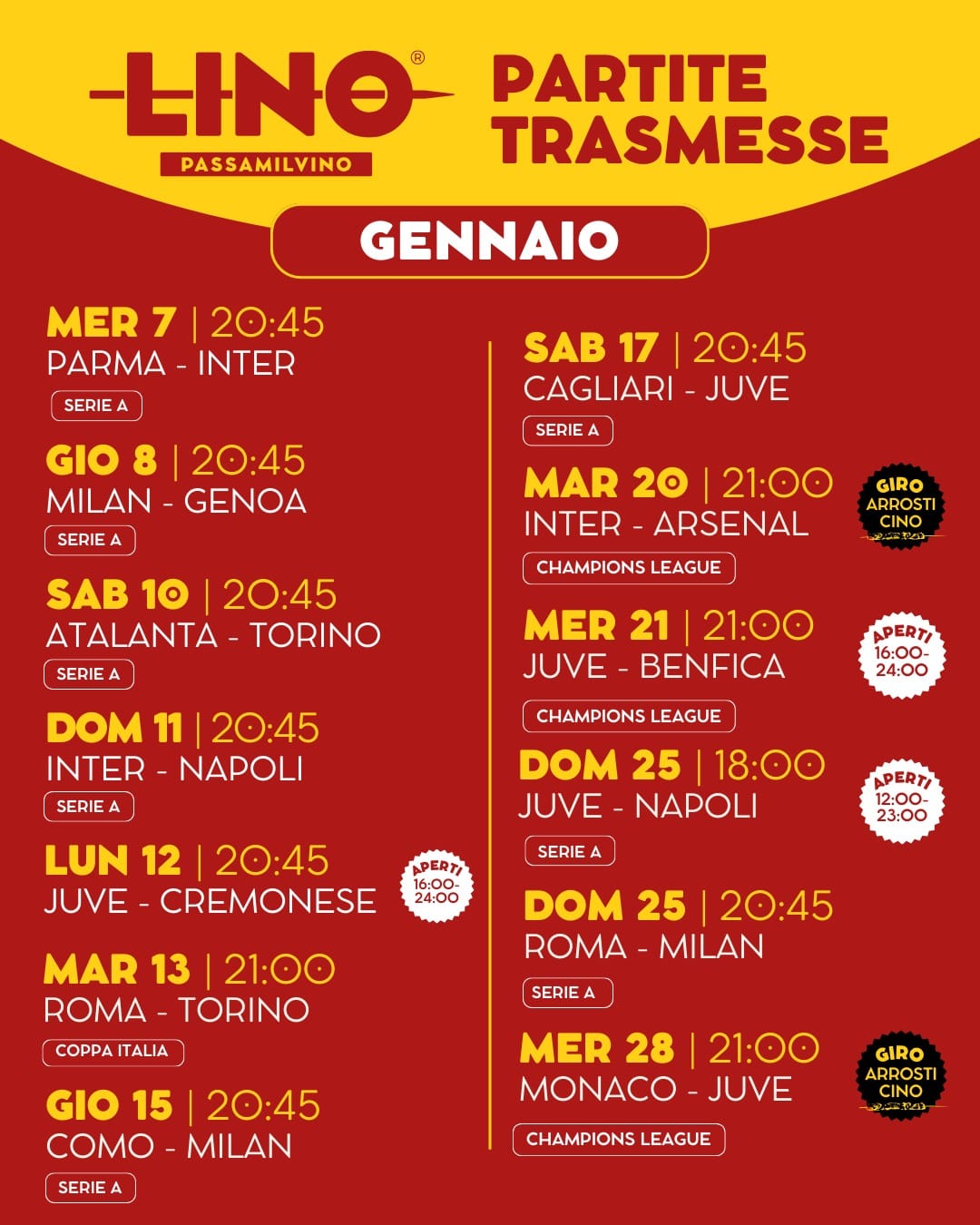 calendario partite trasmesse da Linopassamilvino a Gennaio 2026 con le date svuotafusti e giro arrosticino e le aperture straordinarie