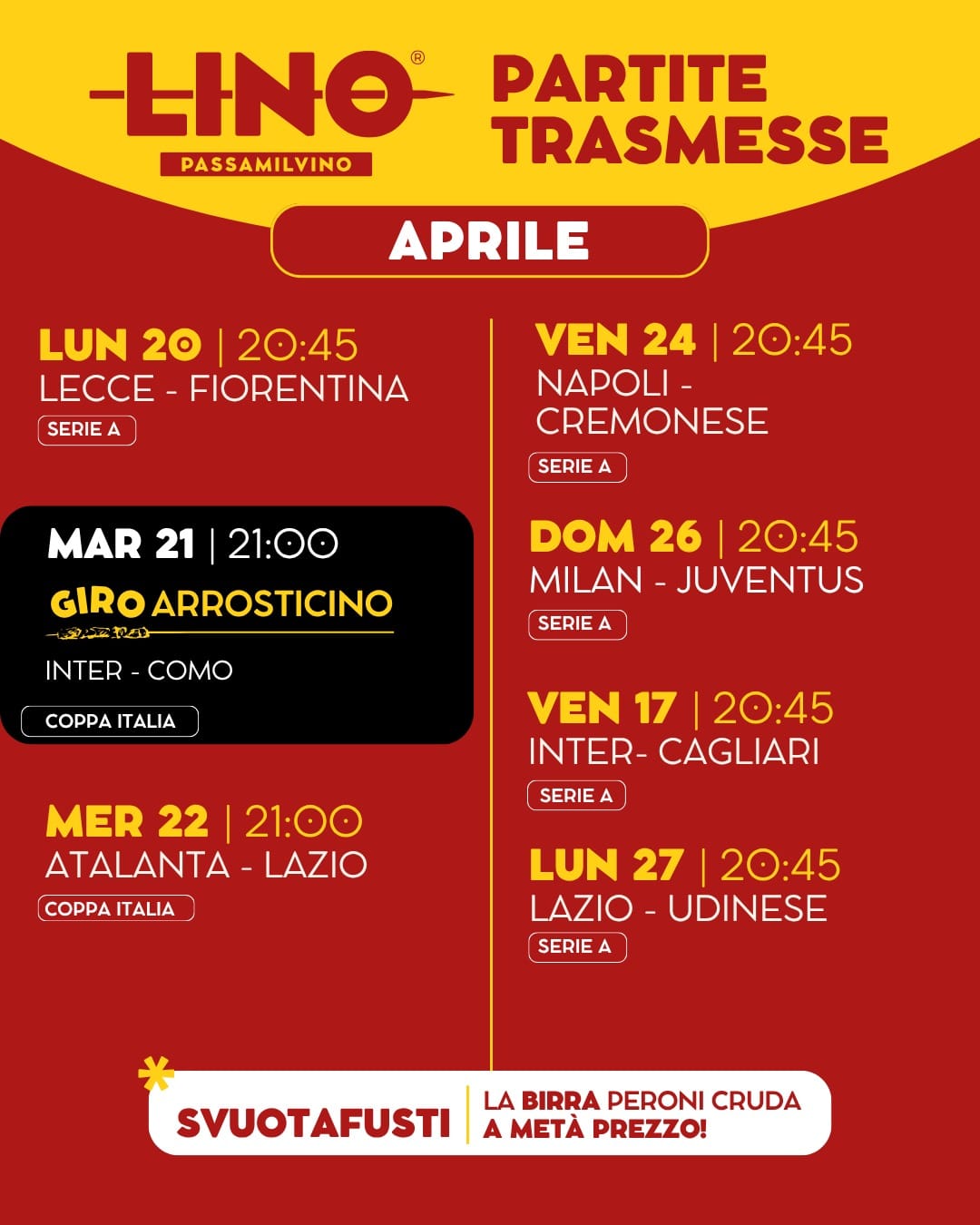 calendario 3 di 3 - Le partite da vedere al locale da Lino a Torino ad Aprile 2026 anche con date Giro Arrosticino