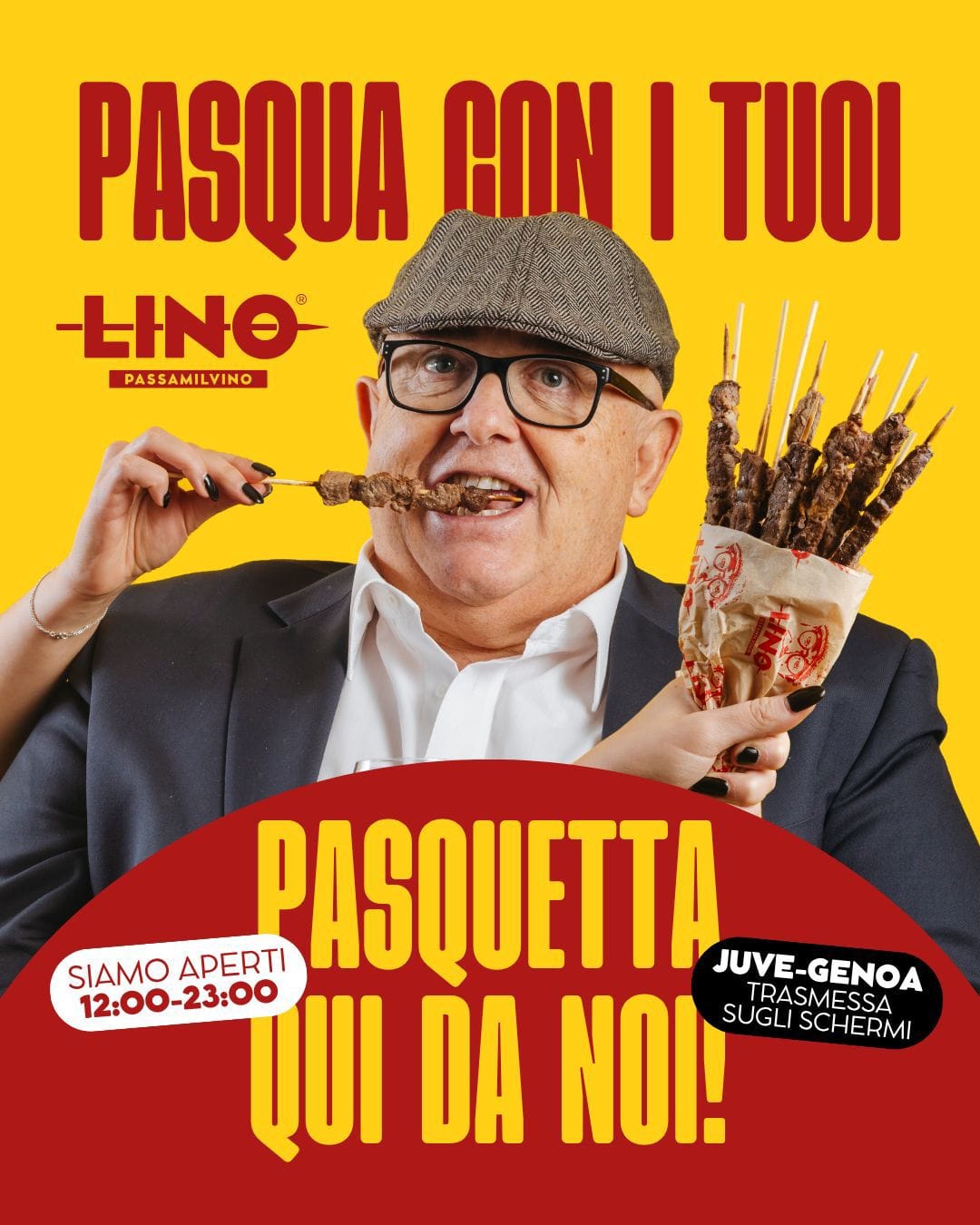 quest anno non ci sarà la grigliata di pasquetta per la partita JUVE GENOA però siamo aperti con servizio alla carta e la partita sugli schermi, dentro e nel dehors,