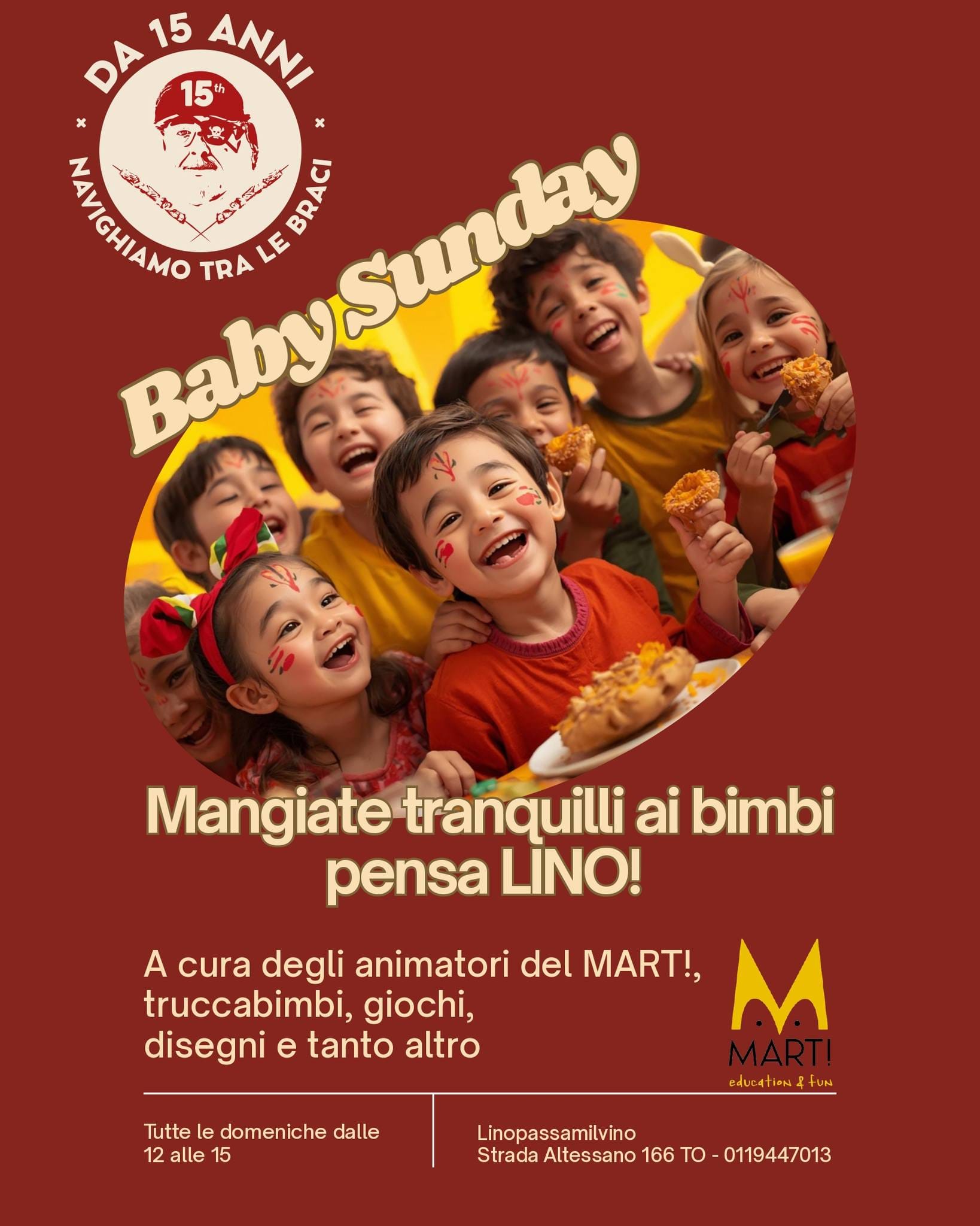 Baby Sunday : da Lino a Torino il pranzo della domenica in famiglia con animazione per bambini, truccabimbi, giochi e laboratori con animatori professionisti.</p>
<p>Al piano superiore in Sala Ersilia, dalle 12.00 alle 15.00 tutte le domeniche