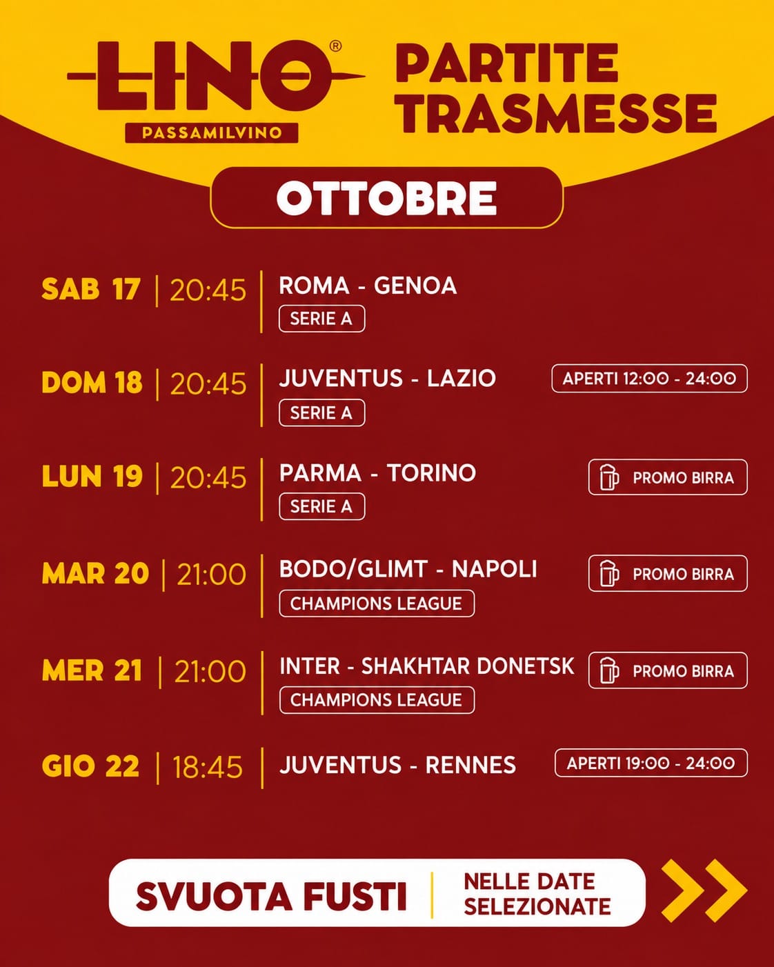 calendario 2 delle partite da vedere al locale Linopassamilvino di Torino, con sconto birra media cruda del 50%, sabato escluso