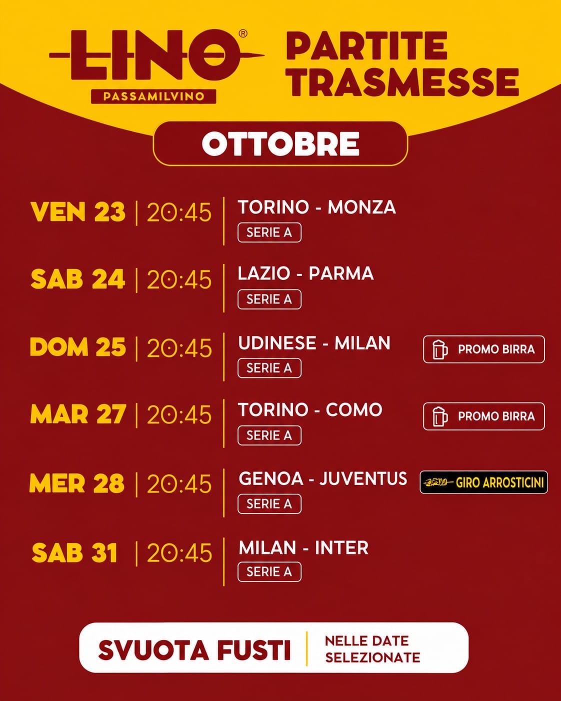 calendario 3 delle partite da vedere al locale Linopassamilvino di Torino, con sconto birra media cruda del 50%, sabato escluso